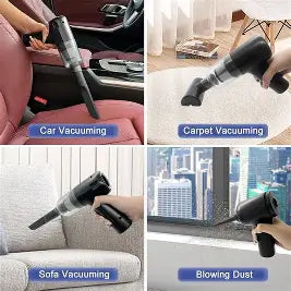A four-panel collage showing a handheld black car vacuum cleaner in use: vacuuming a car seat and console, carpeting a floor, vacuuming a sofa, and blowing dust out of a window. Blue labels read 'Car Vacuuming,' 'Carpet Vacuuming,' 'Sofa Vacuuming,' and 'Blowing Dust.